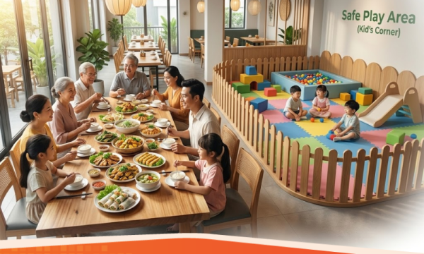 Nguyên tắc thiết kế quán ăn gia đình: Phân bổ bàn lớn và khu vui chơi an toàn