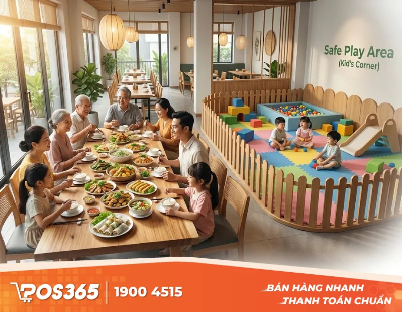 Nguyên tắc thiết kế quán ăn gia đình: Phân bổ bàn lớn và khu vui chơi an toàn