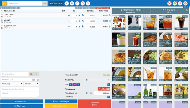 Giao diện menu phần mềm quản lý nhà hàng POS365