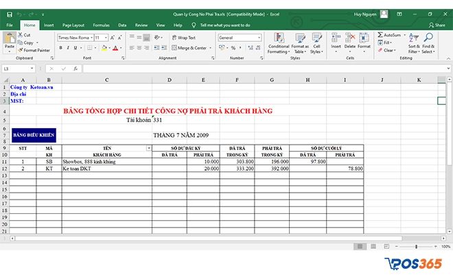 quản lý công nợ bằng excel