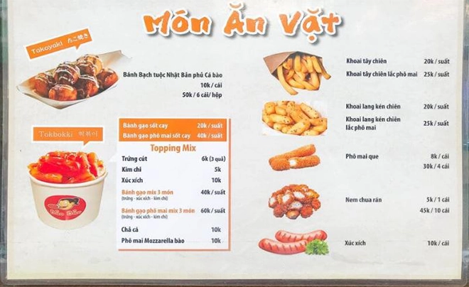 Menu thực đơn quán ăn vặt