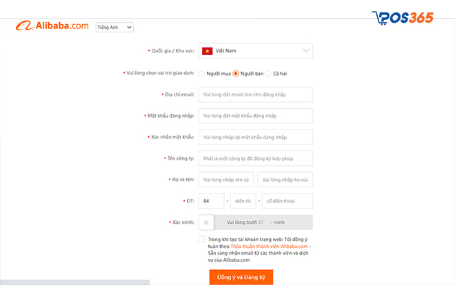 Điền thông tin của bạn để đăng ký tài khoản bán hàng trên Alibaba