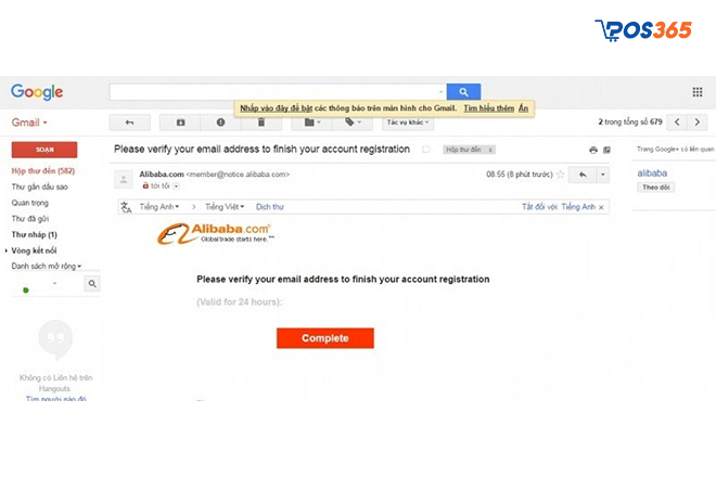 Vào email để kích hoạt tài khoản Alibaba đã đăng ký