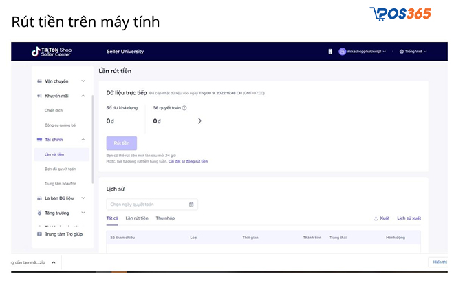 Cách rút tiền trên TikTok Shop về tài khoản ngân hàng bằng máy tính