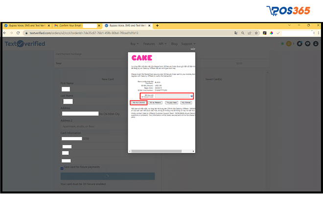 Điền mã bảo mật được gửi về máy để xác thực thanh toán