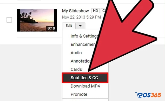 Bước 4: Chọn mũi tên “Edit” thả xuống và chọn “Subtitles and CC”.