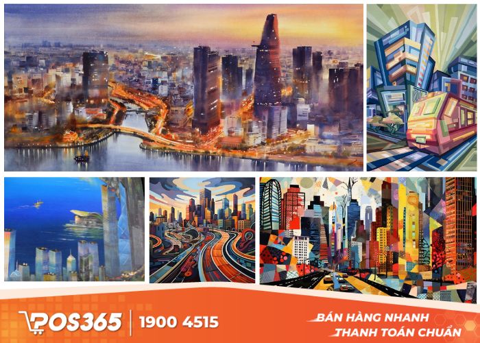 Các bức tranh thành phố tấp nập với nhiều gam màu sặc sỡ
