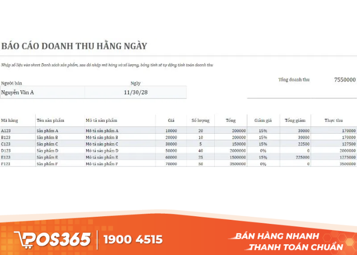 Gợi ý mẫu báo cáo doanh thu hàng ngày