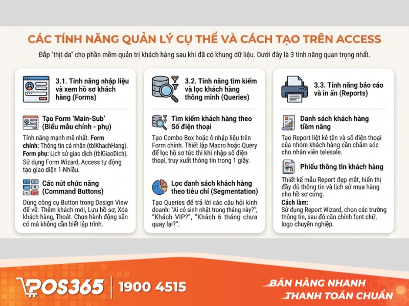 Các tính năng quản lý cụ thể và cách tạo trên Access