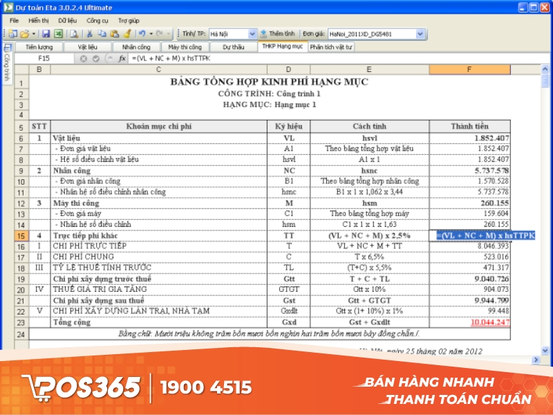 Phần mềm Eta dự toán thông minh với giao diện Excel