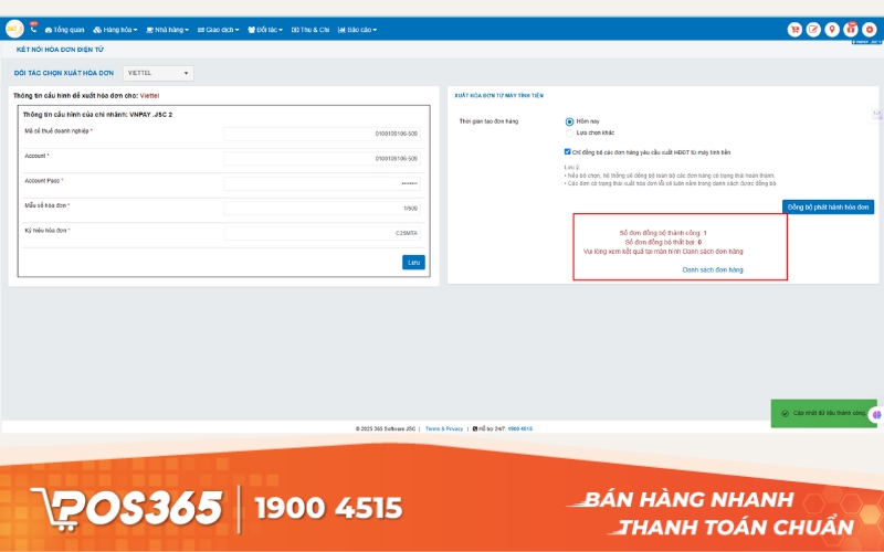 Nhấn Đồng bộ lên thuế để hệ thống gửi hóa đơn đến cơ quan thuế