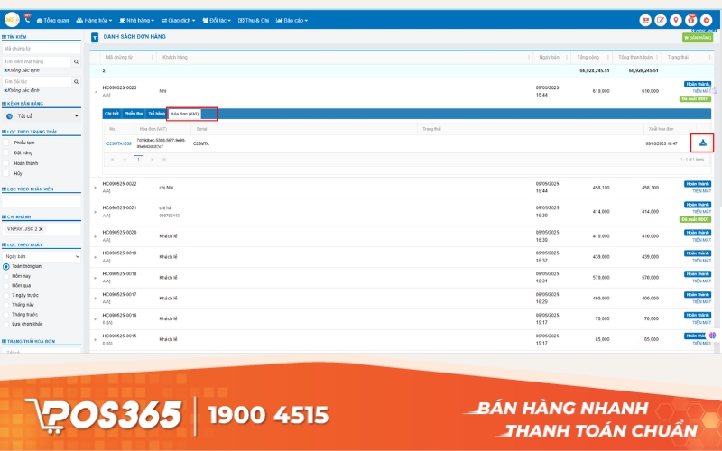 Chọn đơn hàng cần xem, vào tab Hóa đơn VAT, sau đó tải hóa đơn về