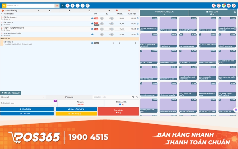Tiến hành chọn bàn, order món, và thực hiện thanh toán