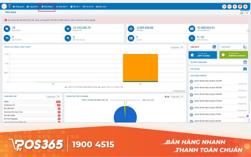 Vào menu Nhà hàng, chọn màn hình Thu ngân