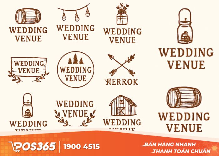 Logo nhà hàng tổ chức đám cưới lấy cảm hứng từ vòng nguyệt quế, ngôi nhà...