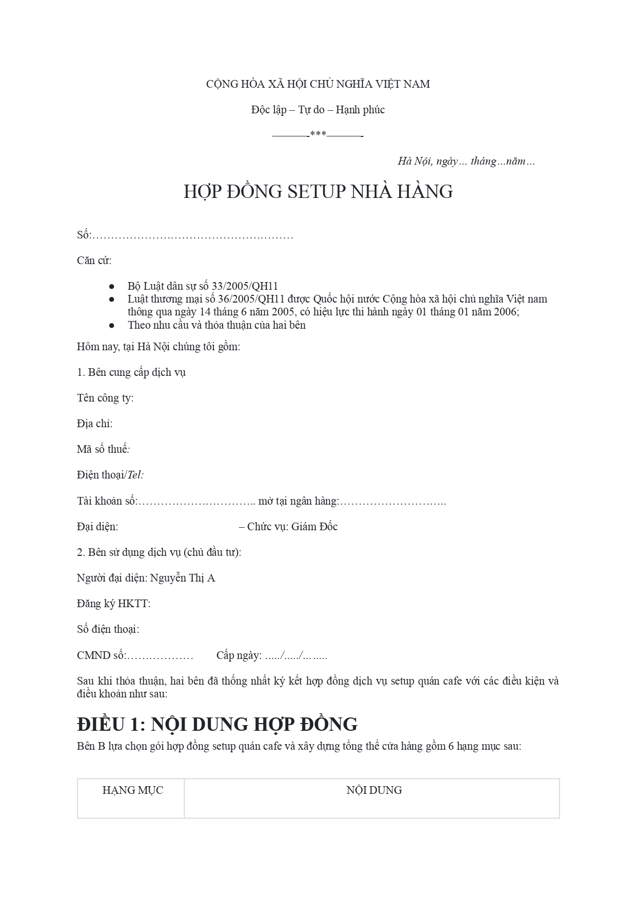hợp đồng setup cửa hàng