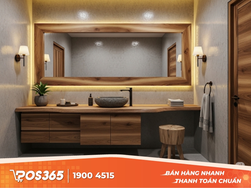 Thiết kế WC với bê tông mài kết hợp gỗ tự nhiên