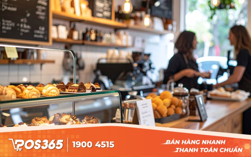 Quầy bar cafe tone trắng kèm tủ bánh