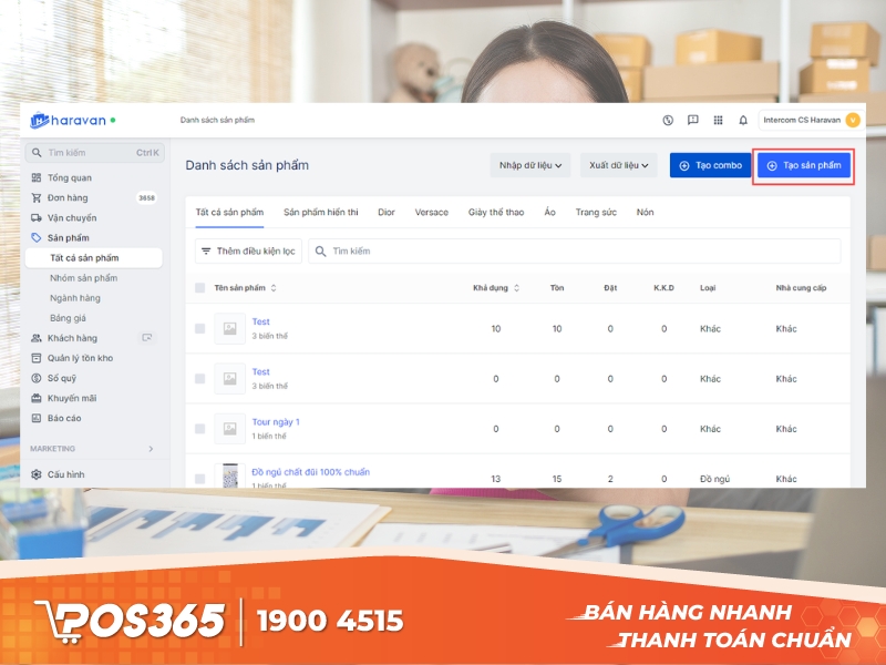 vào mục Sản phẩm → chọn Tạo sản phẩm để mở giao diện thêm mới