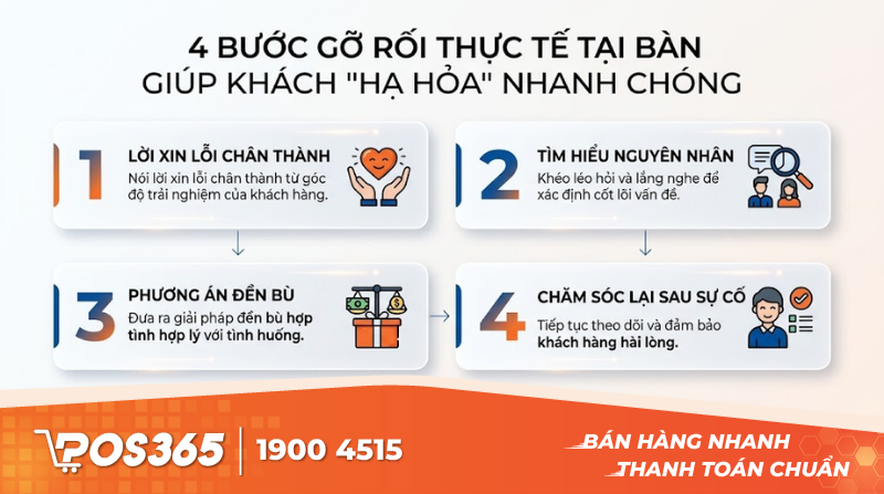 Kịch bản 4 bước gỡ rối thực tế tại bàn giúp khách "hạ hỏa" nhanh chóng