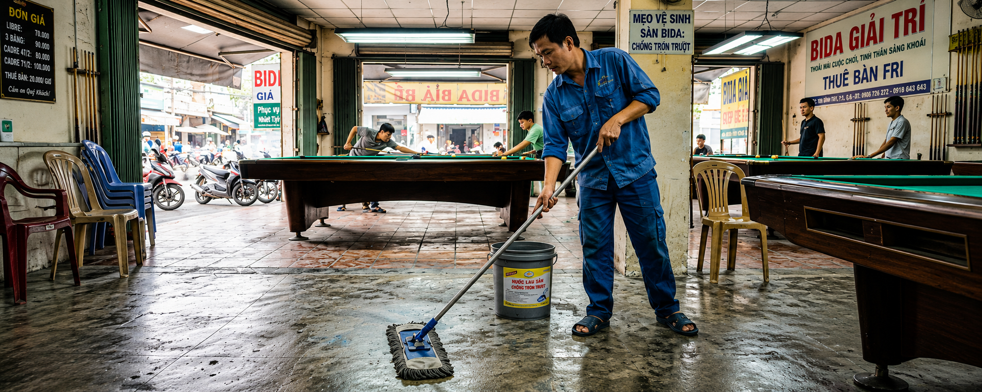 Mẹo vệ sinh sàn nhà quán bida sạch bụi lơ, chống trơn trượt