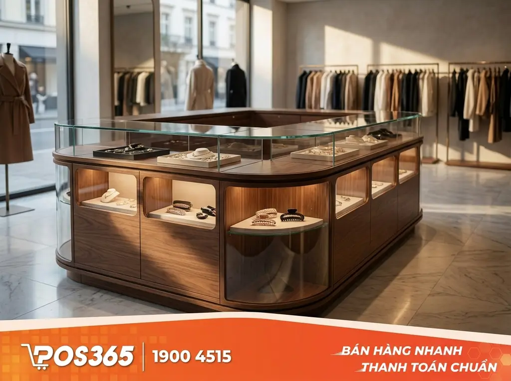 Mẫu quầy bo g&oacute;c hiện đại, t&iacute;ch hợp kệ trưng b&agrave;y