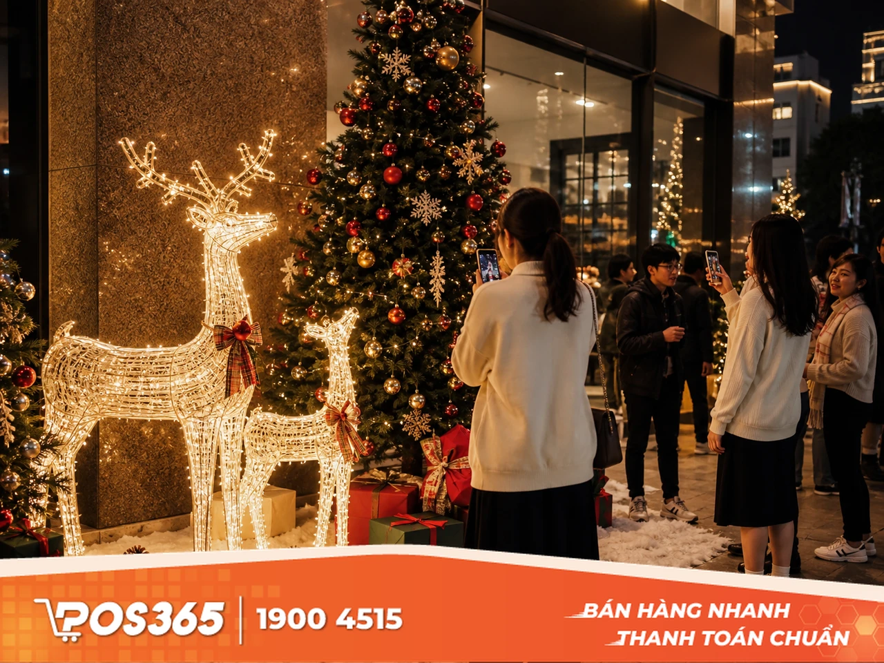 Bố tr&iacute; m&ocirc; h&igrave;nh tuần lộc v&agrave; thảm tuyết giả