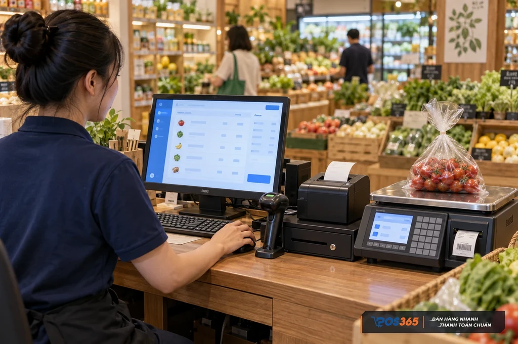 Cân điện tử in tem mã vạch tính tiền tại quầy