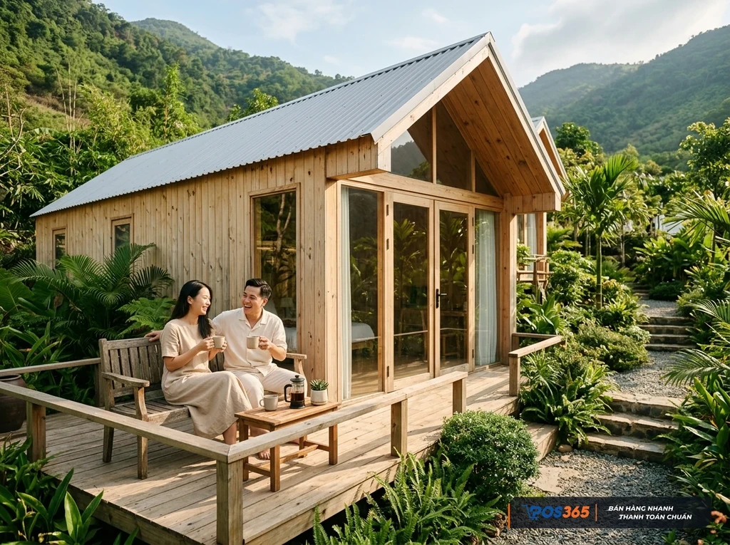Homestay nh&agrave; gỗ tiền chế m&aacute;i dốc phong c&aacute;ch tối giản Japandi