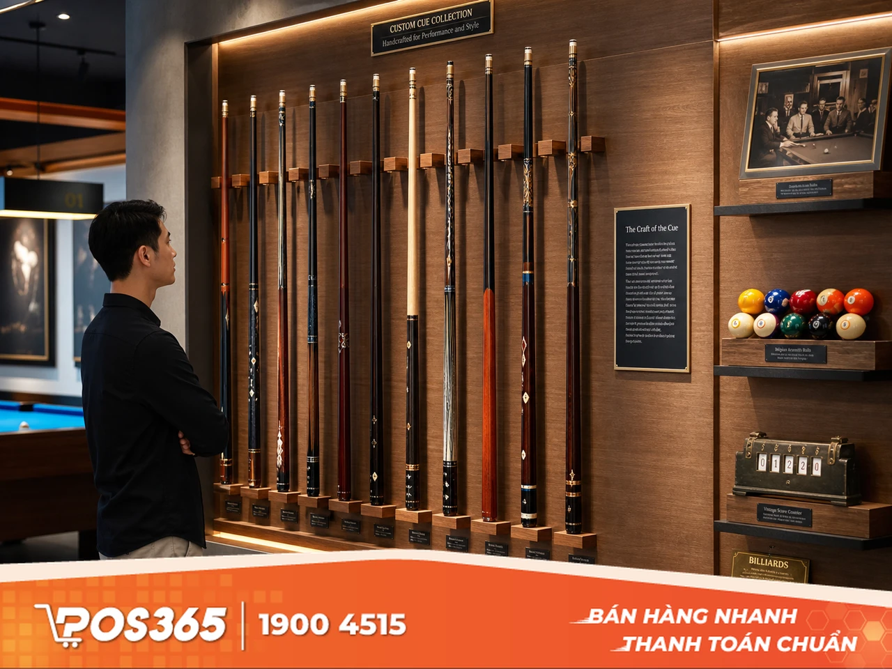 Kệ trưng b&agrave;y cơ bida nghệ thuật v&agrave; b&oacute;ng bida cổ điển