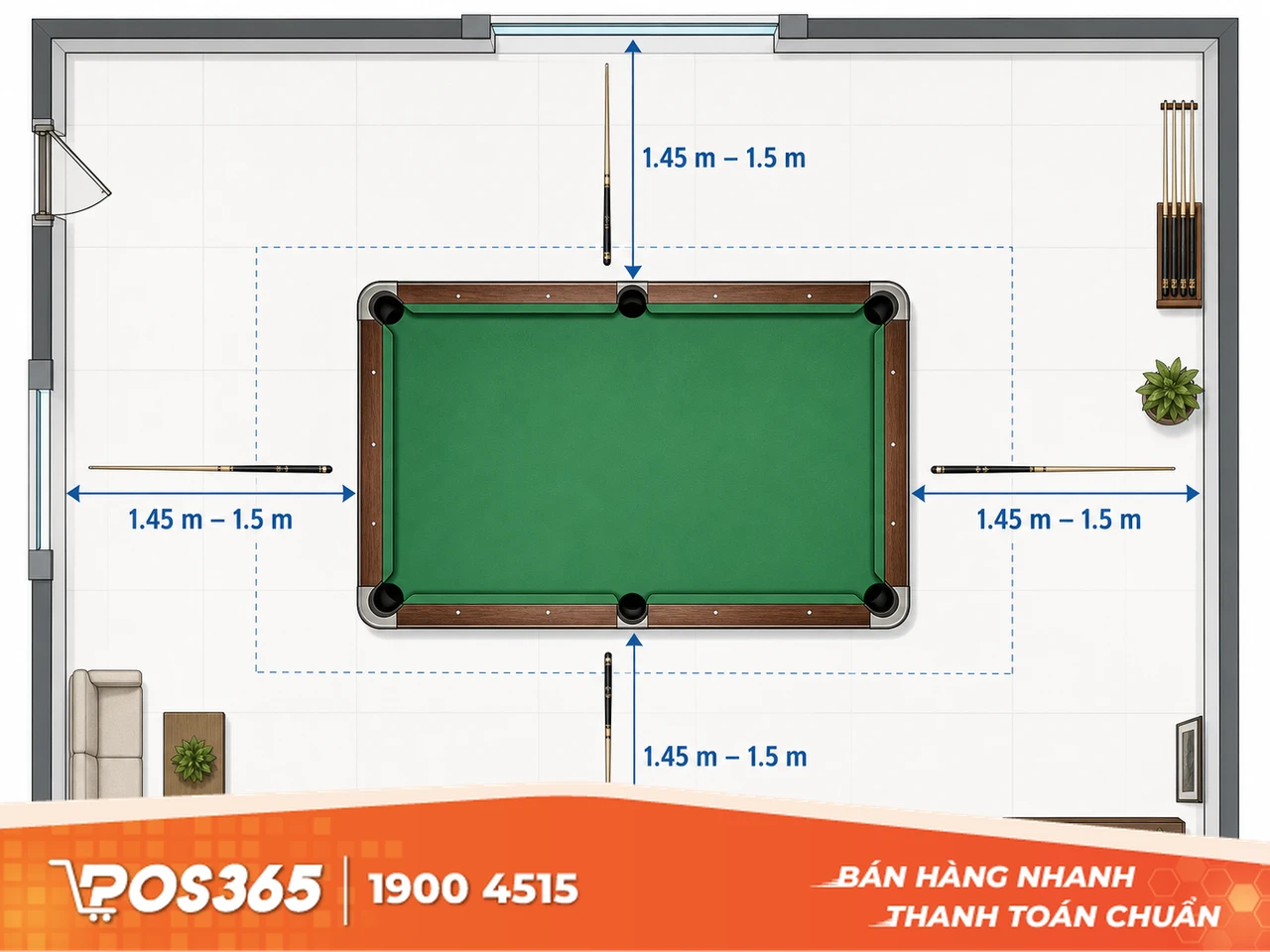 Khoảng c&aacute;ch từ m&eacute;p b&agrave;n bida đến tường v&agrave; vật cản