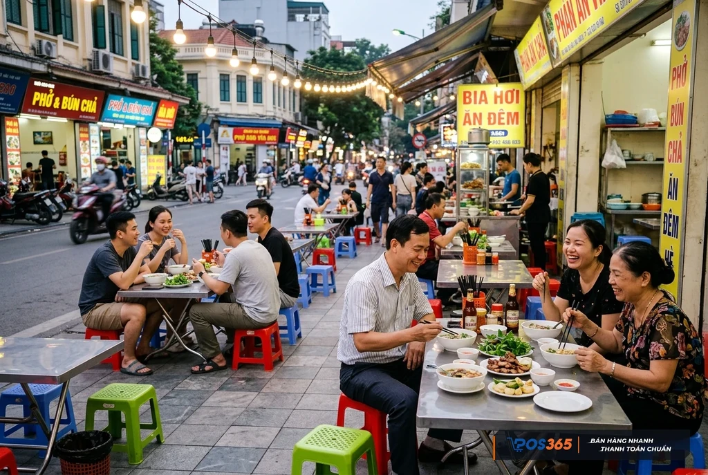 Kh&ocirc;ng gian qu&aacute;n nhậu vỉa h&egrave; b&agrave;n ghế xếp tho&aacute;ng m&aacute;t