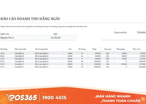 Gợi &yacute; mẫu b&aacute;o c&aacute;o doanh thu h&agrave;ng ng&agrave;y
