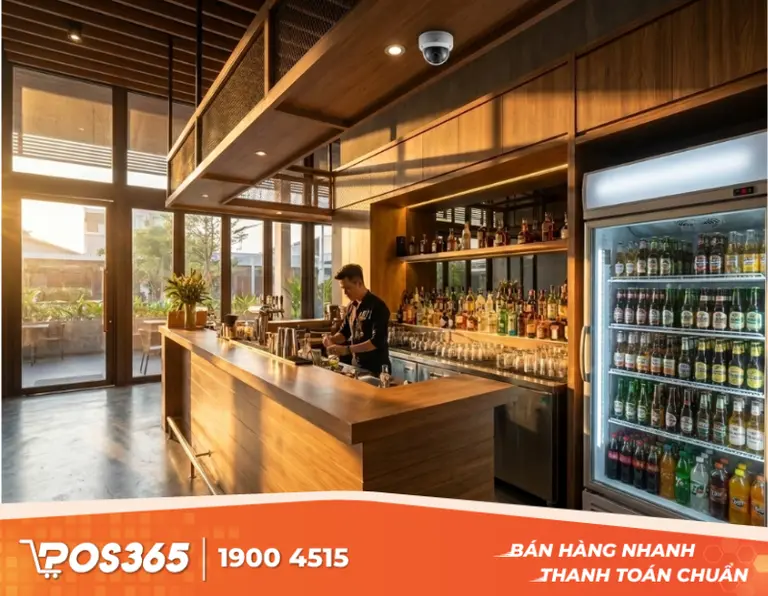 Lắp đặt camera giám sát góc rộng chiếu thẳng quầy bar và tủ mát