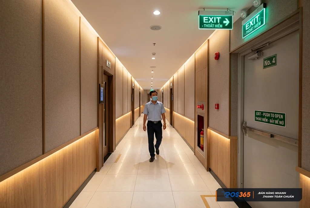 H&agrave;nh lang tho&aacute;t hiểm v&agrave; đ&egrave;n Exit chỉ dẫn