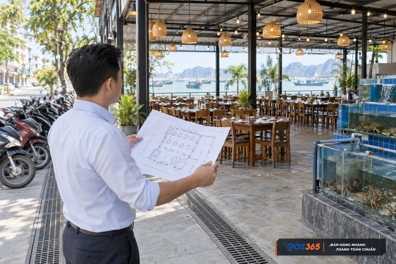 Mặt bằng quán hải sản thoáng và rộng