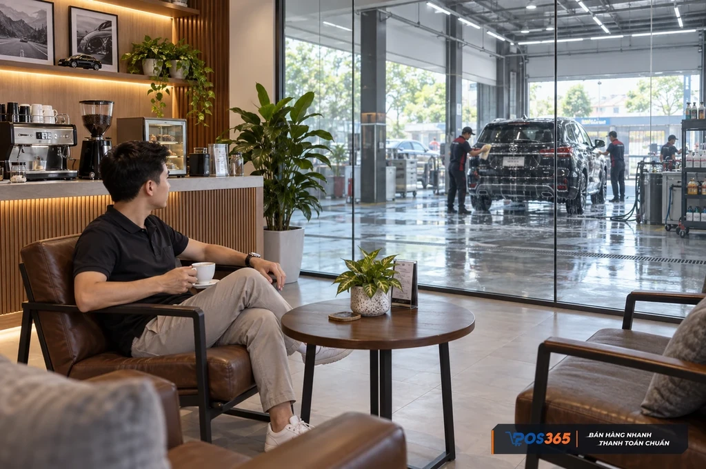 Tiệm rửa xe kết hợp khu cafe chờ