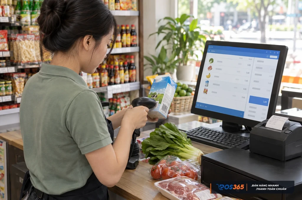 Quét mã vạch hàng hóa thiết yếu tại quầy