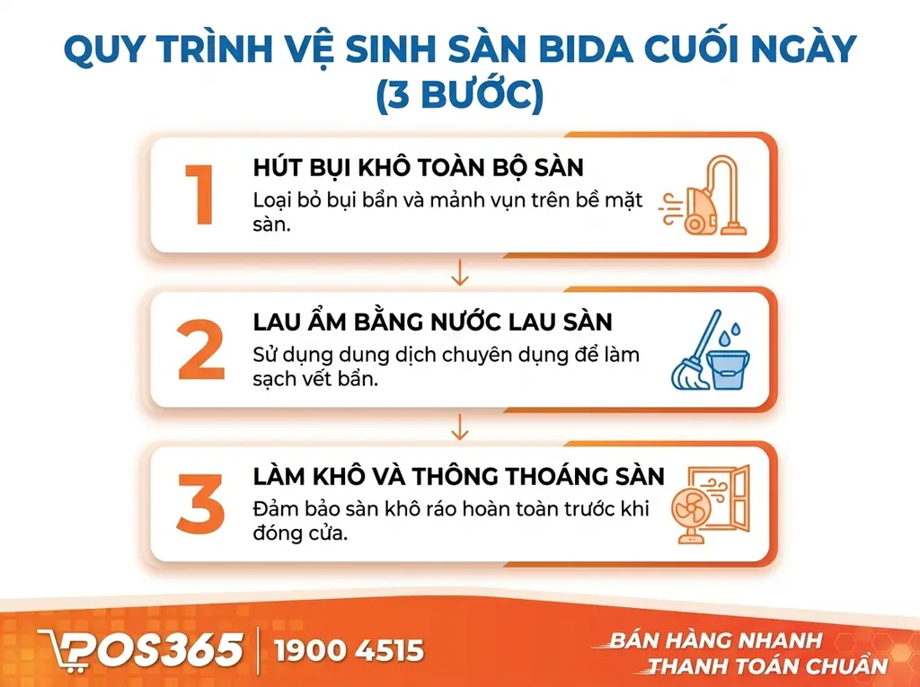 Quy tr&igrave;nh 3 bước l&agrave;m sạch s&agrave;n bida cuối ng&agrave;y cho nh&acirc;n vi&ecirc;n phục vụ
