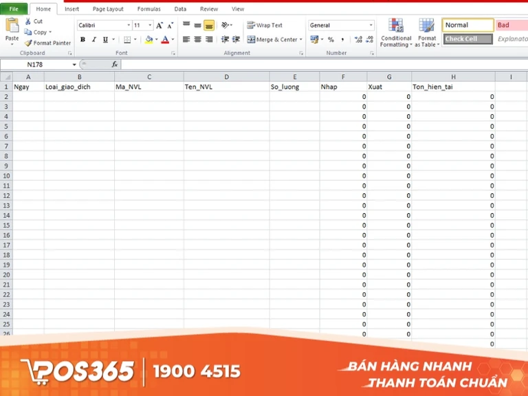 Sheet danh mục nguyên vật liệu (Master Data)