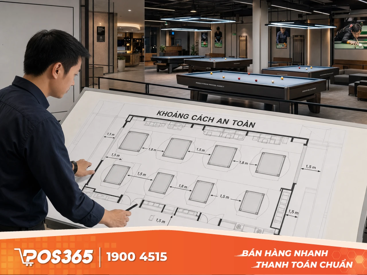 Ti&ecirc;u chuẩn mặt bằng v&agrave; khoảng c&aacute;ch bố tr&iacute; b&agrave;n bida