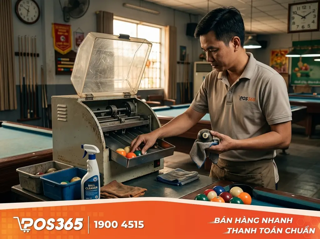 Vệ sinh sơ bộ bóng bida và kiểm tra khay máy