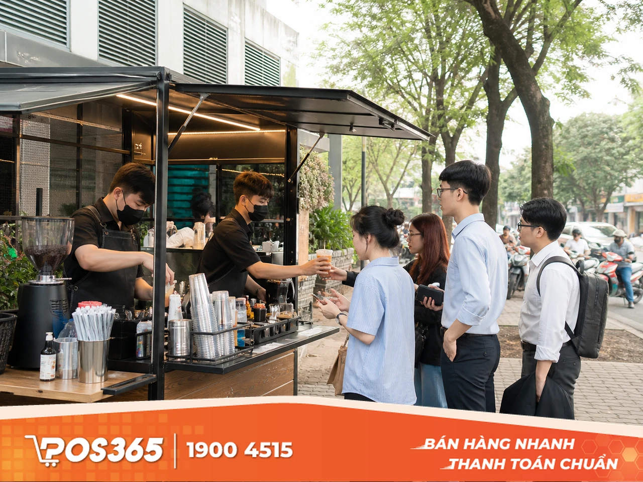 Xe đẩy cafe take-away và trà sữa vỉa hè