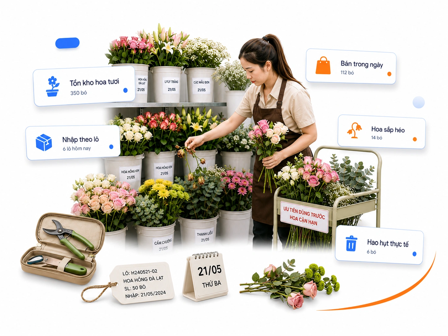 Quản lý tồn kho hoa tươi theo ngày, giảm hao hụt