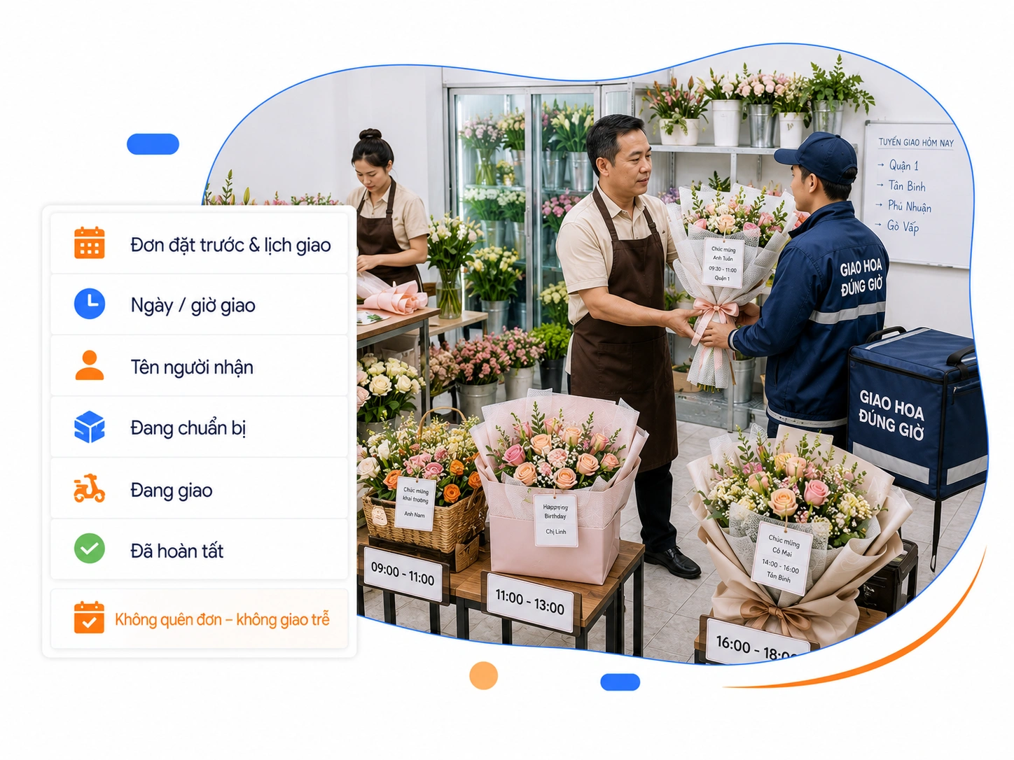 Quản lý đơn đặt trước và lịch giao hoa rõ ràng