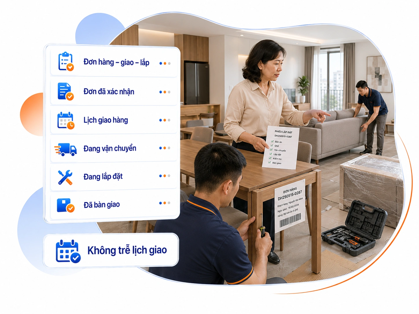 Theo dõi đơn hàng – giao hàng – lắp đặt rõ ràng