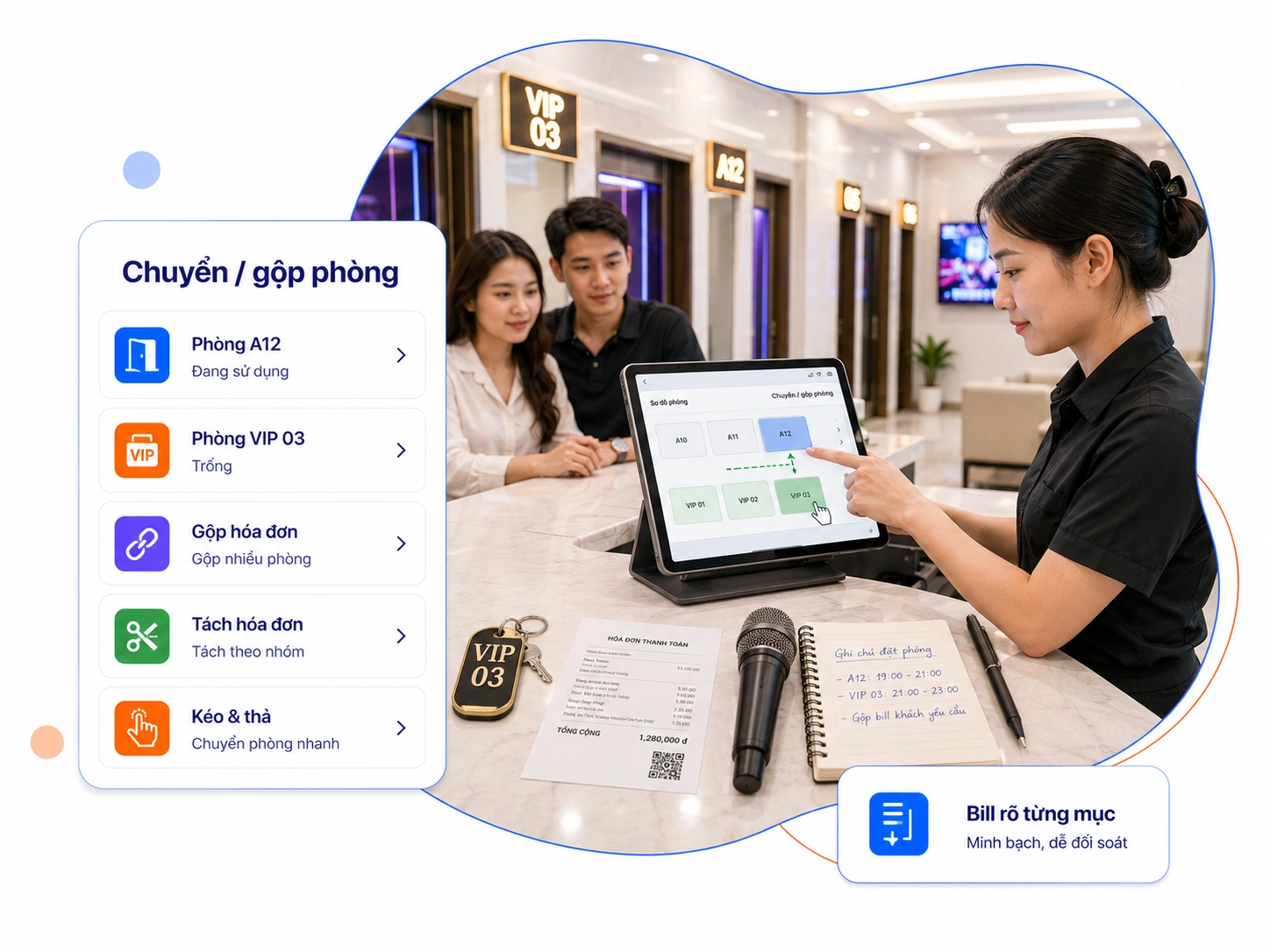 Quản lý chuyển/gộp phòng & Tách hóa đơn