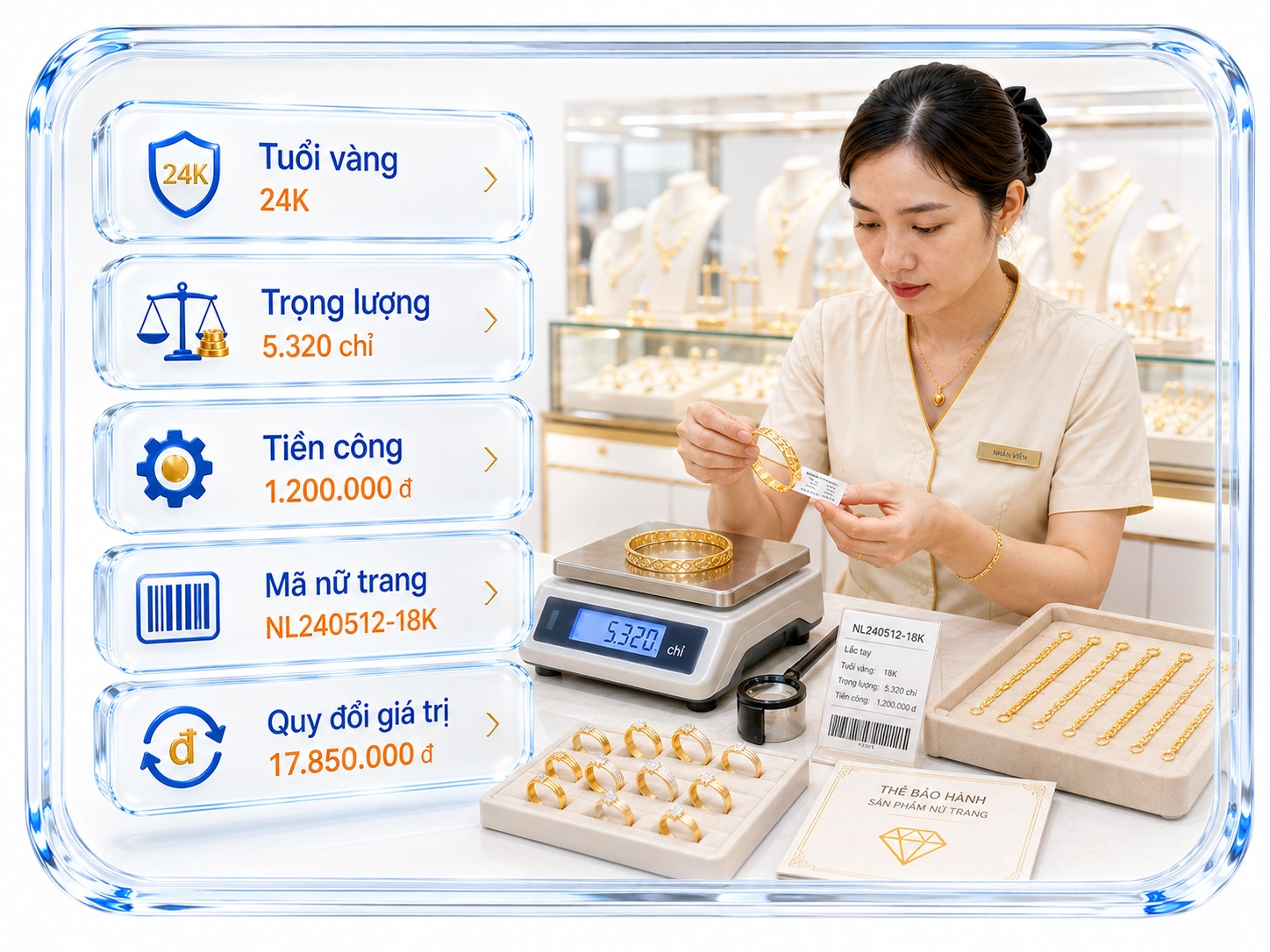 Quản lý chi tiết từng loại vàng, tuổi vàng và trọng lượng
