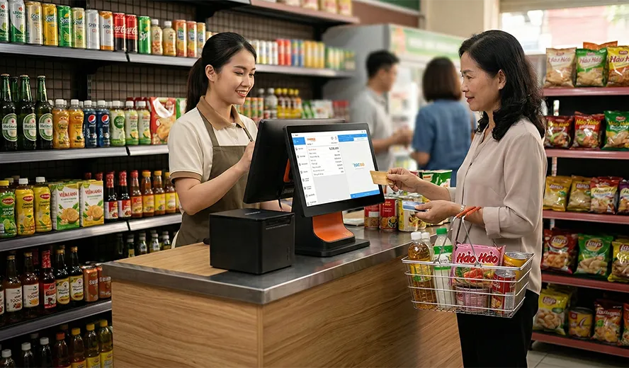 Siêu thị Minh Hoa - Combo Bán Lẻ Tiêu Chuẩn (Máy POS + Máy Quét Đa Tia)